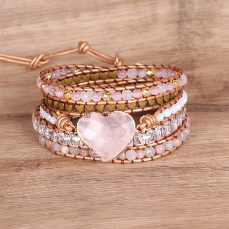 Rose Quartz Natural Stone Wrap Bracelet For Women/Men Multilayer Heart Charms Genuine Leather Boho Handmade Beaded Bracelet 250318