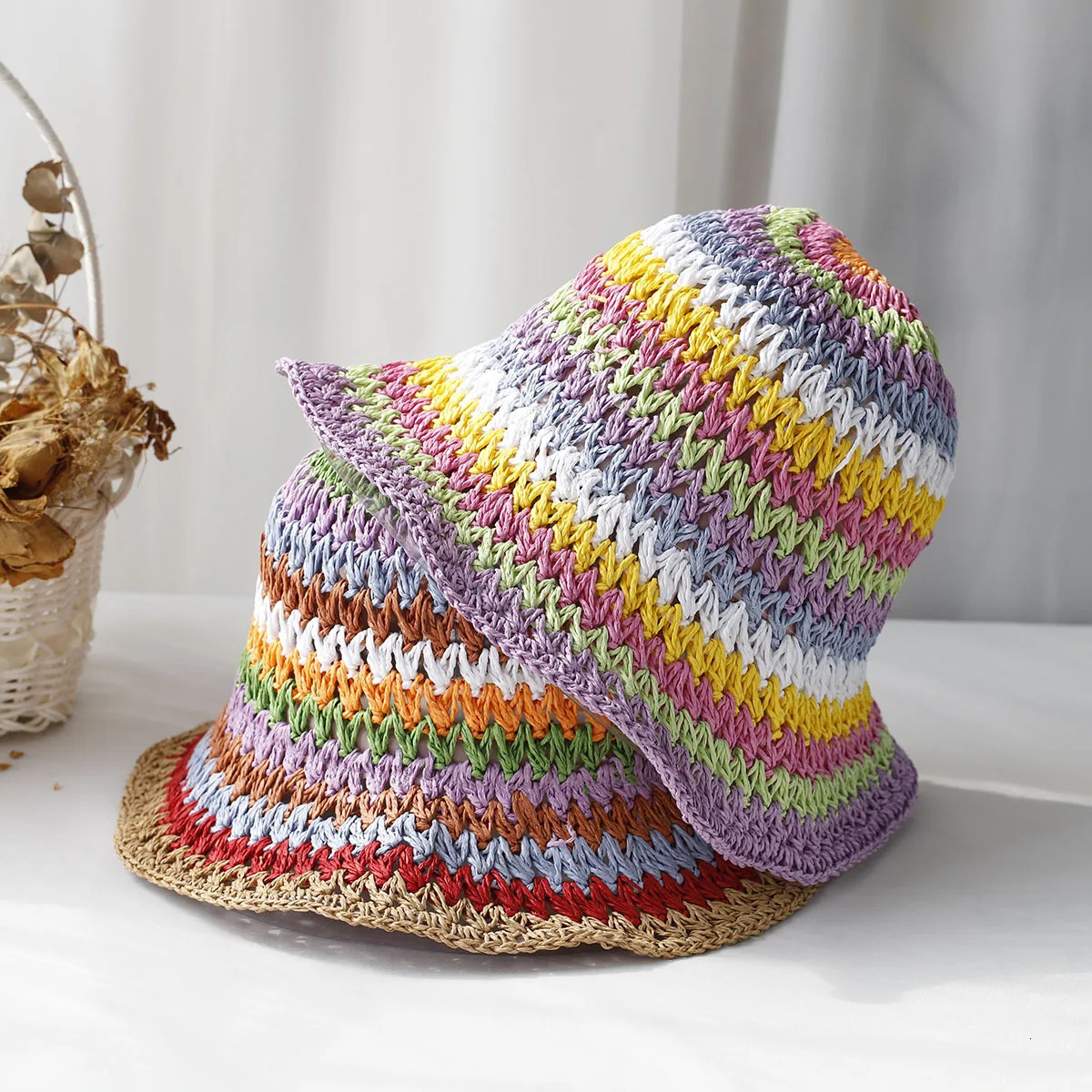 Rainbow woven womens sunscreen hat summer Japanese straw hat protective fashion breathable hollow beach sun hat 250320