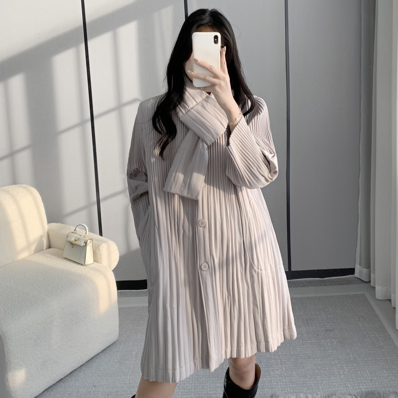Winter high-end pleated design mid to long cotton women's outerwear warm and fashionable mother's clothing