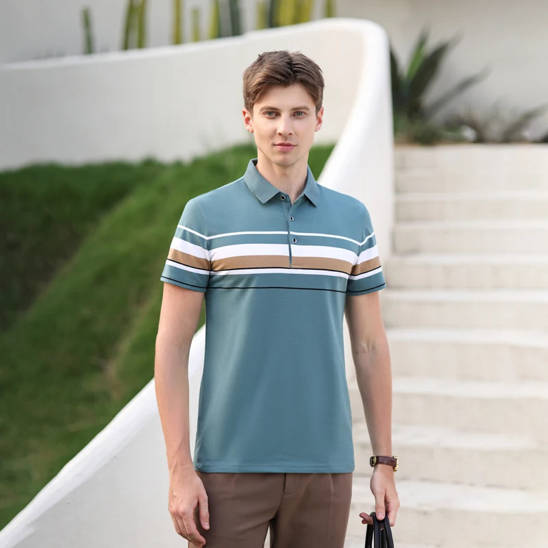 Summer mens polo shirt pure cotton short sleeved Tshirt thin striped business casual breathable wrinkle resistant top 250311