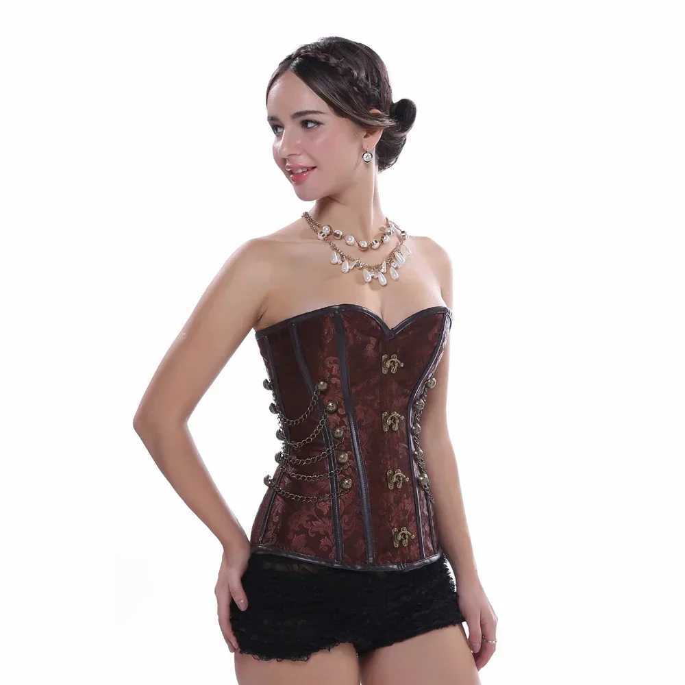 Womens Corsair Corset Leather Gothic Corset Plus Size Steampunk Steel Skeleton Corset Chain Carnival Party Costume W250325