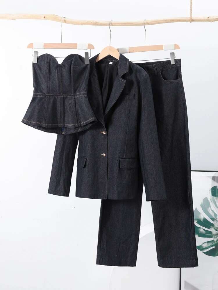 Chic Denim Tube Blazer Pants Suits 3 Pieces Women Notched Single Breasted Jacket Wide Leg Trousers Sets Female Office Spring