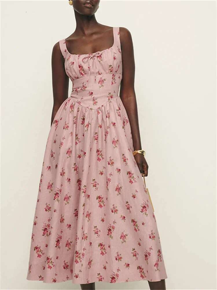 Women Pink ral Print en Mid Length Dress Summer New Sleeveless Slim Ladies Elegant Vacation Square Collar Lace Up Robe