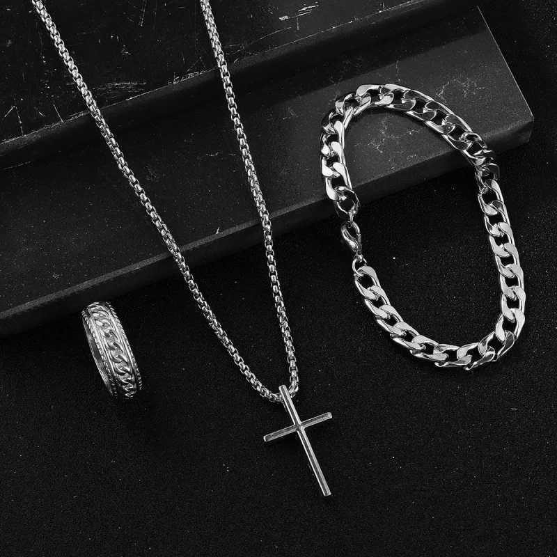 3 pieces/set Punk Black Cross Pendant Necklace Thick Chain Bracelet Ring Fashion Jewelry Set for Men Autumn W250325