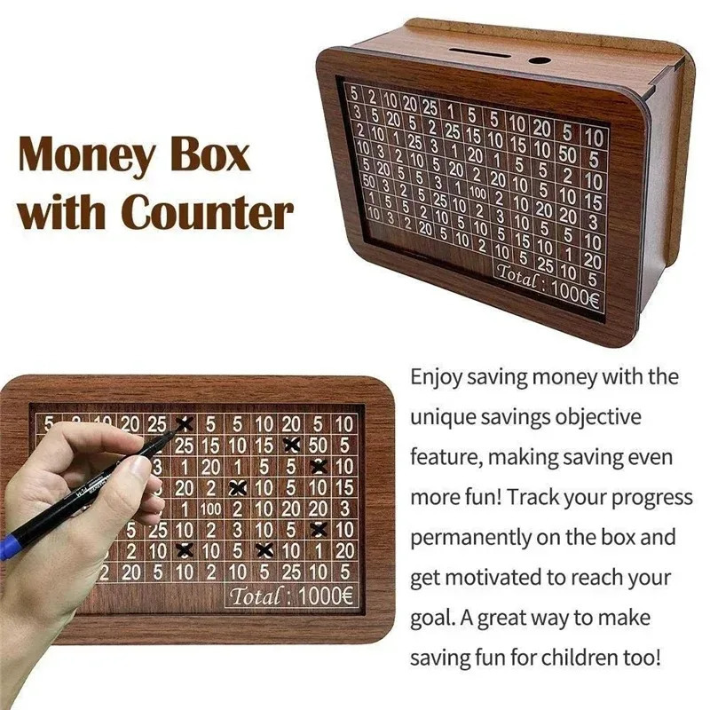 Euro Saving Money Box Piggy Bank Cash Wooden Savings Challenge Box with Money Target Numbers Tirelire Alcancia Spaarpot 250325