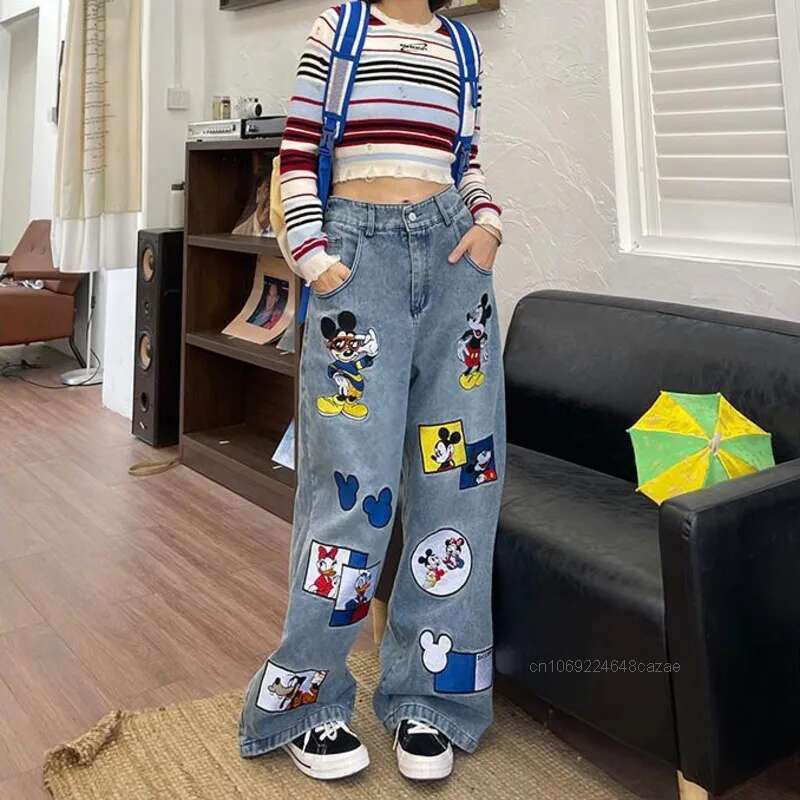 Fun Cartoon Embroidered Jeans Women Spring New Loose Fit Bmerican Style Denim Trend Casual Wide Leg Pants
