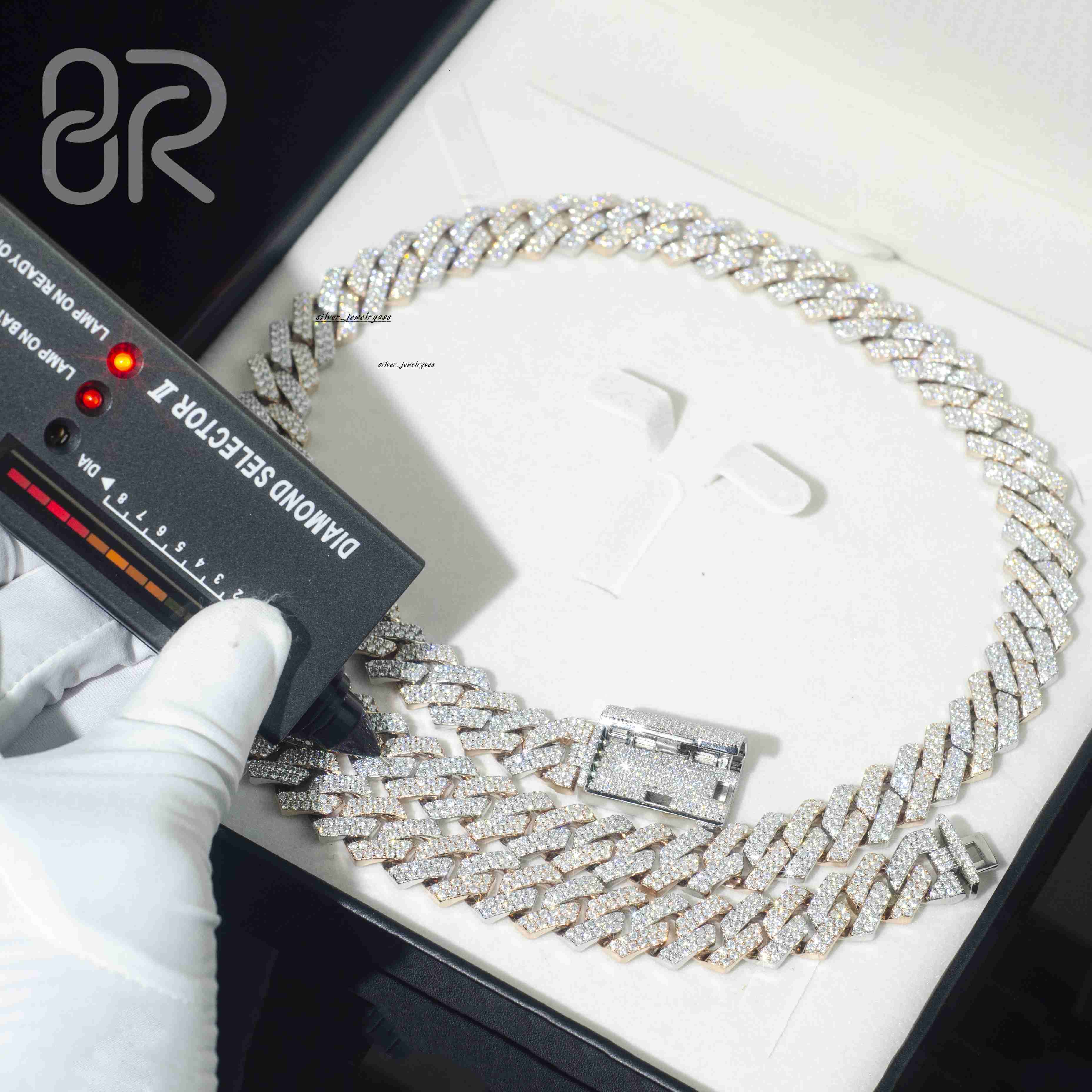 Wholesale Price 14mm 925 Silver Moissanite Cuban Chain Ice Out Round Brilliant Cut Vvs Moissanite Gold Plated Necklace