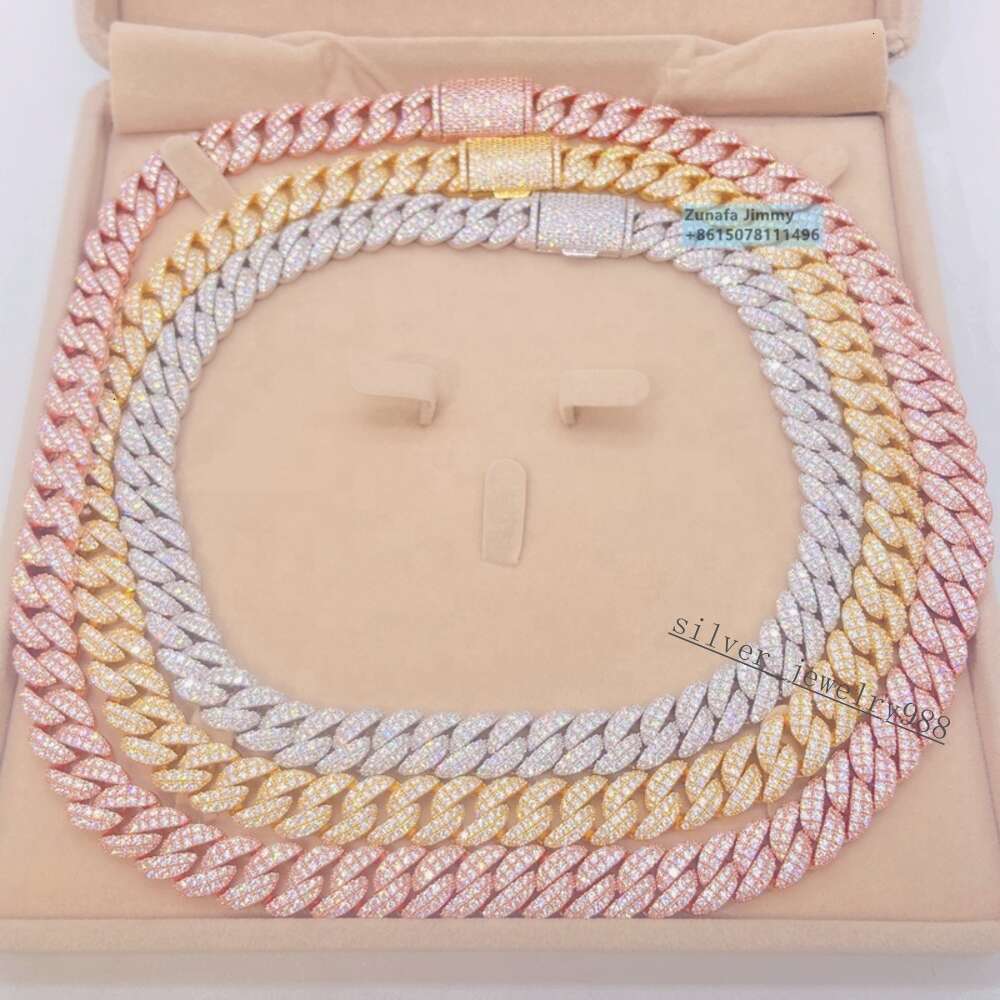 Pass Diamond Tester Shining Iced Out Tight 12mm Two Row Vvs1 Moissanite Chocker Cuban Chain Necklace