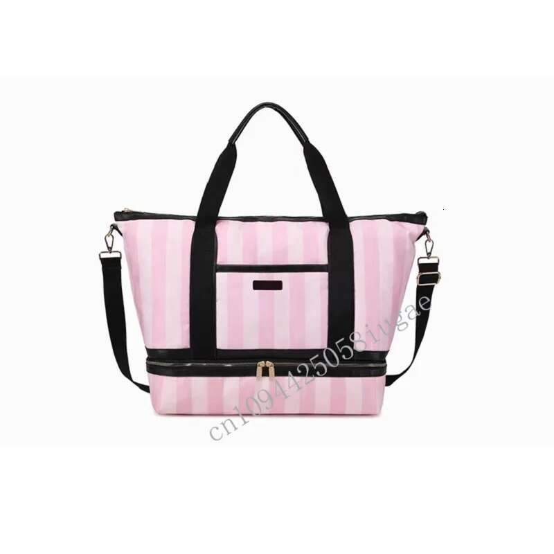 Large Capacity New Handbag Pink Stripe Travel Shoulder Canvas Women's Fashion Portable Shopping Bag