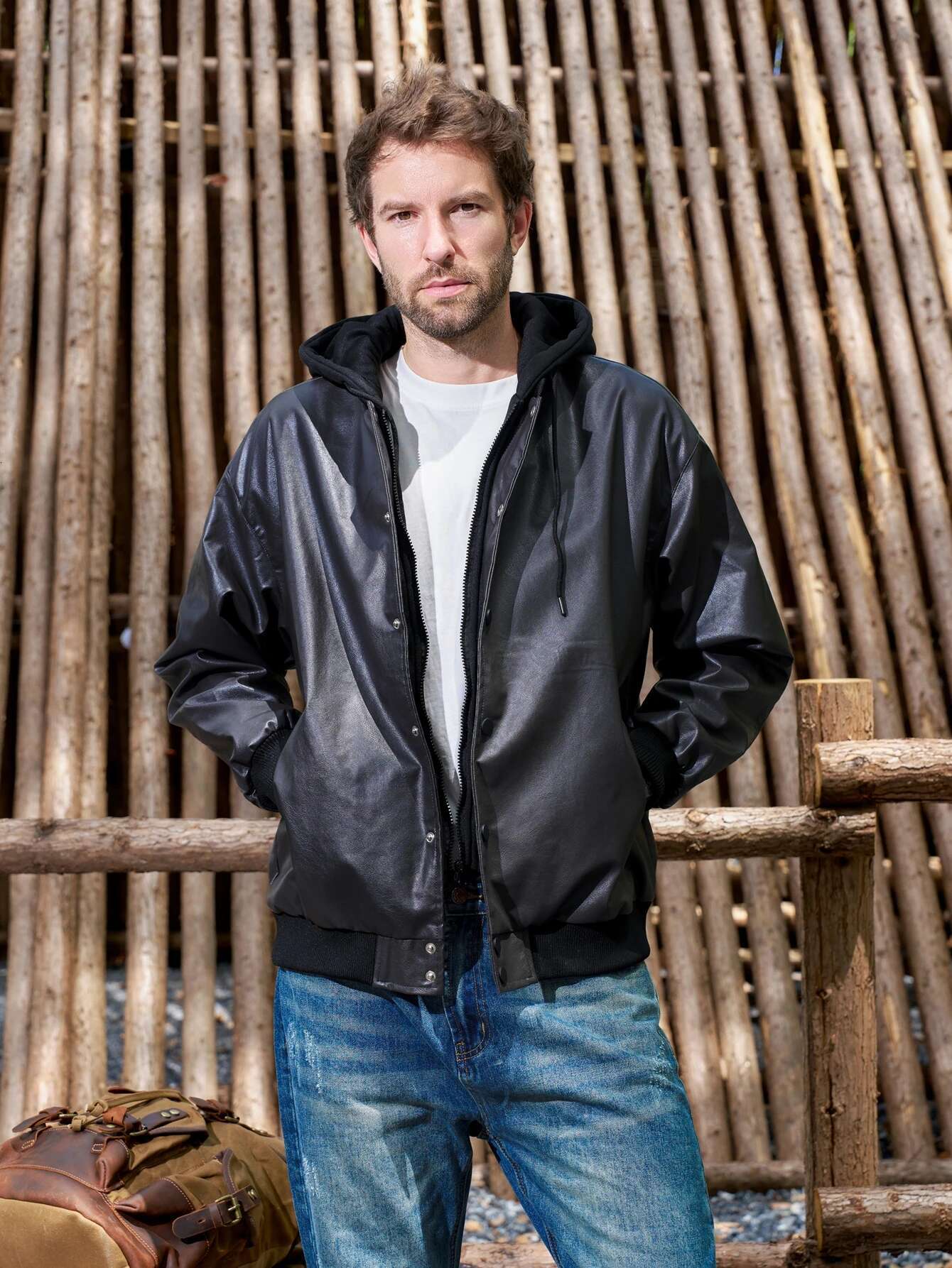 Mens Vintage Jackets Black False Two-Piece Hooded Coats Loose Windbreaker Leather Motorcycle Boomber Jacket Fall&Winter