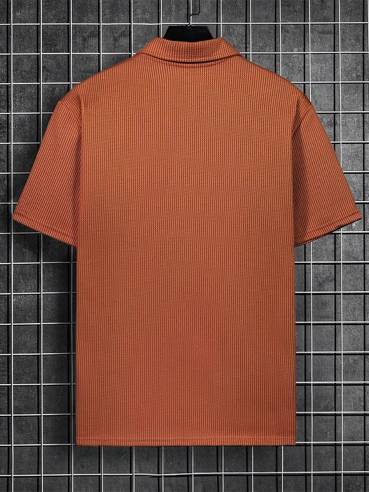 Casual Short Sleeve Ribbed T Shirts Mens Fashion Polo Collar Buttoned Textured Shirt For Men 2025 Summer Solid Tops 250311