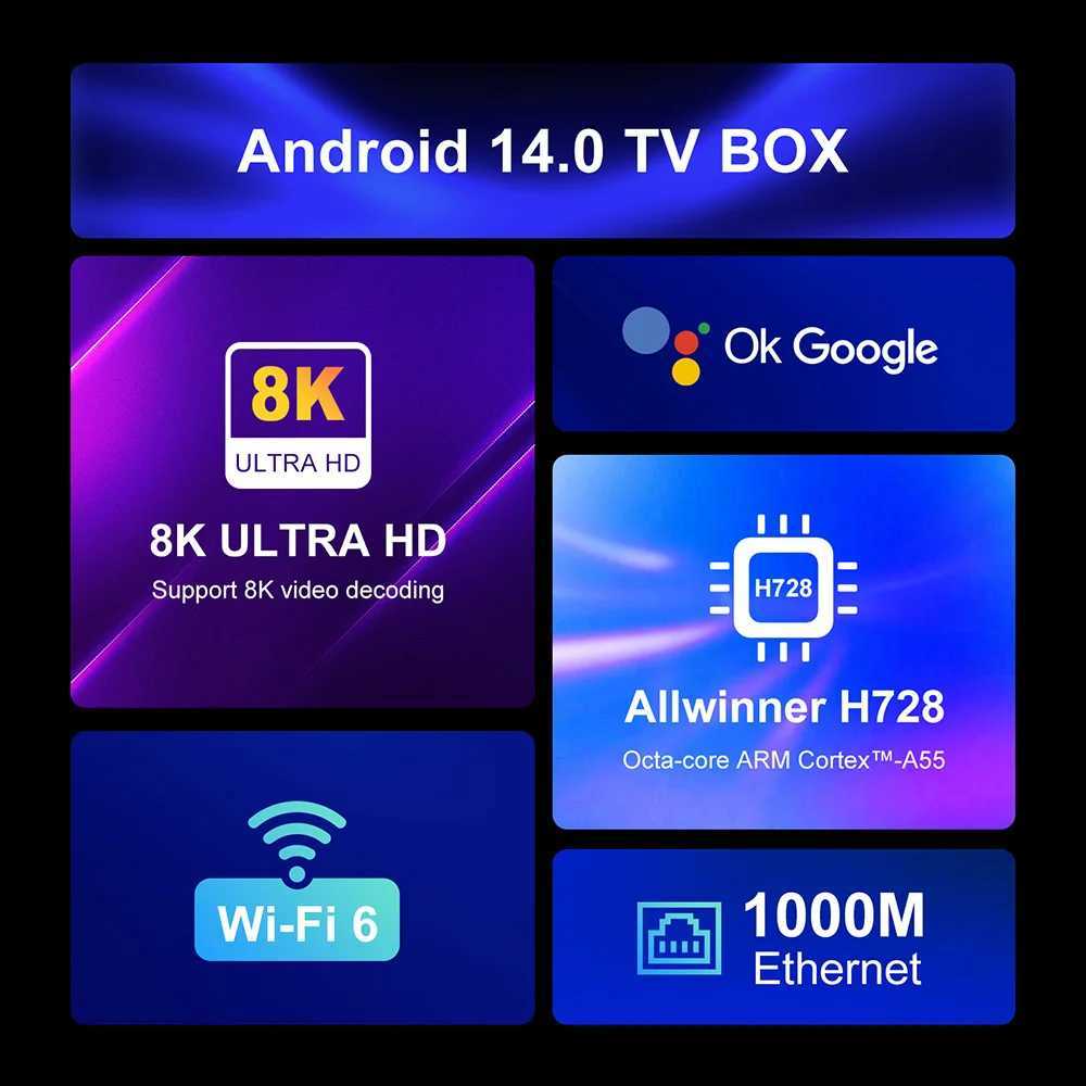 H96 MAX H728 TV Box Android 14 Allwinner H728 Eight Core Cortex A55 Supports 8K Ultra HD 1000M LAN Wifi6 BT5. X Set Top Box X250325
