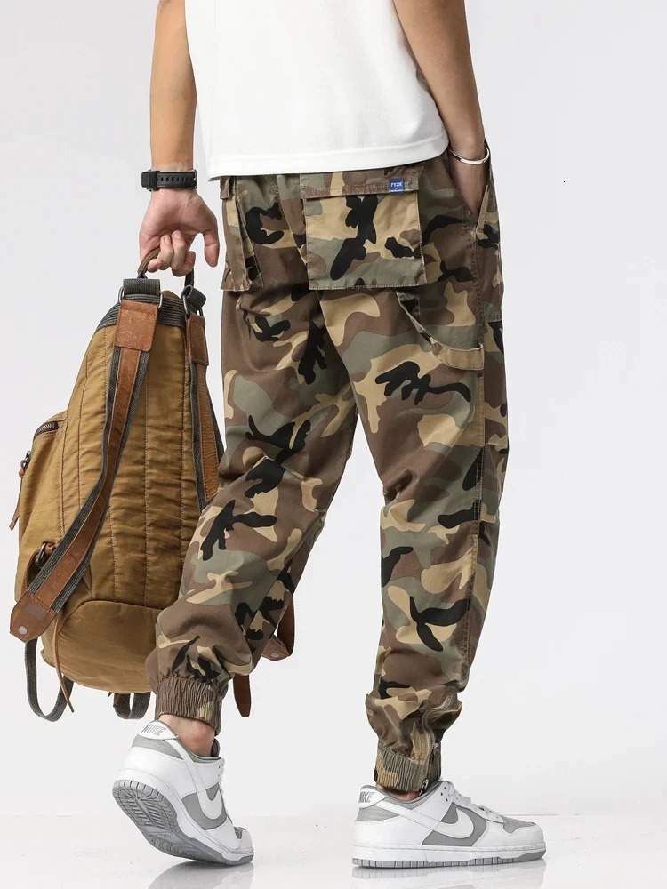 Multi pocket summer spring cargo pants mens zipper legs ankle length camouflage jogging cotton casual work clothes 250322