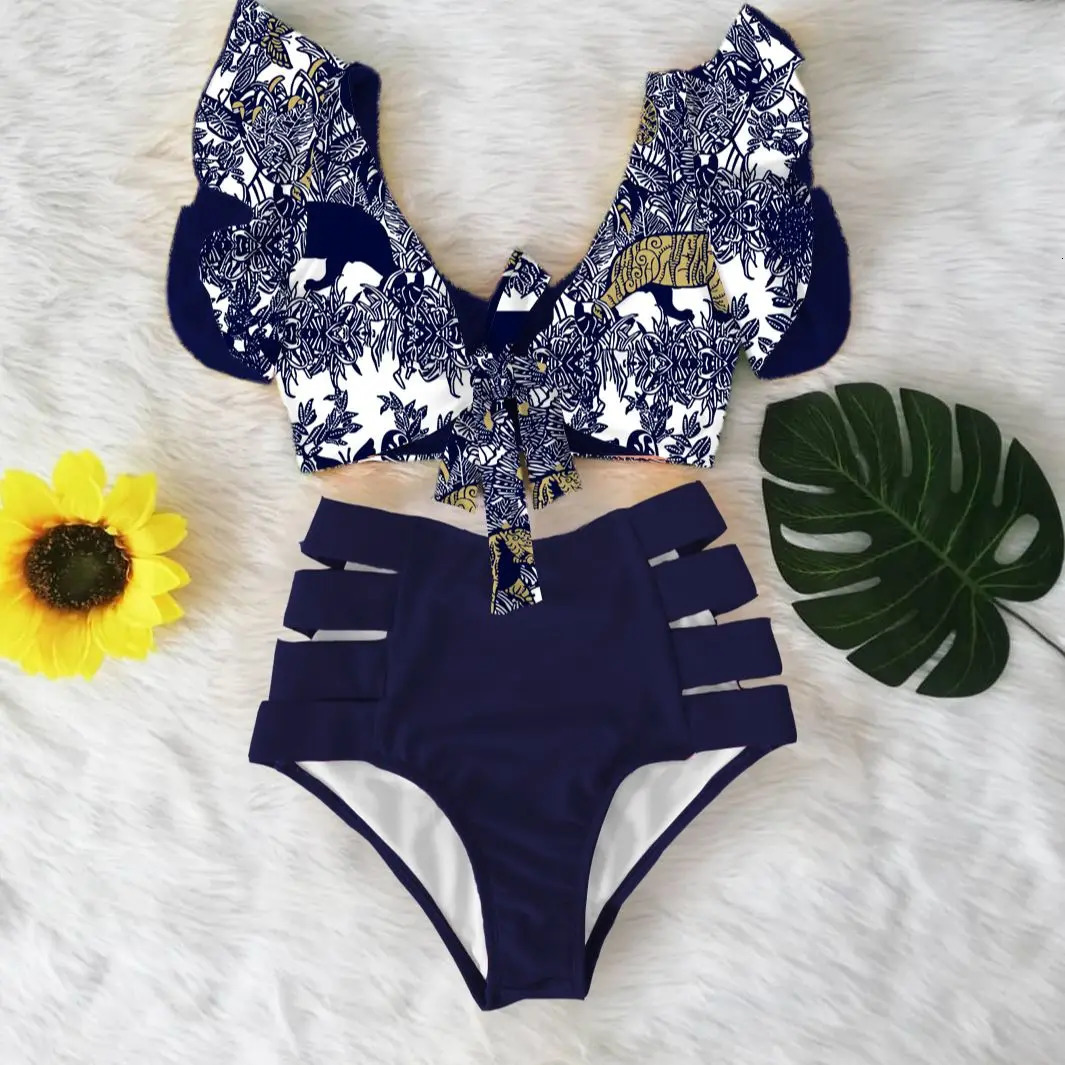 2024 printed swimsuit womens high waisted bikini ruffled push set summer 250321