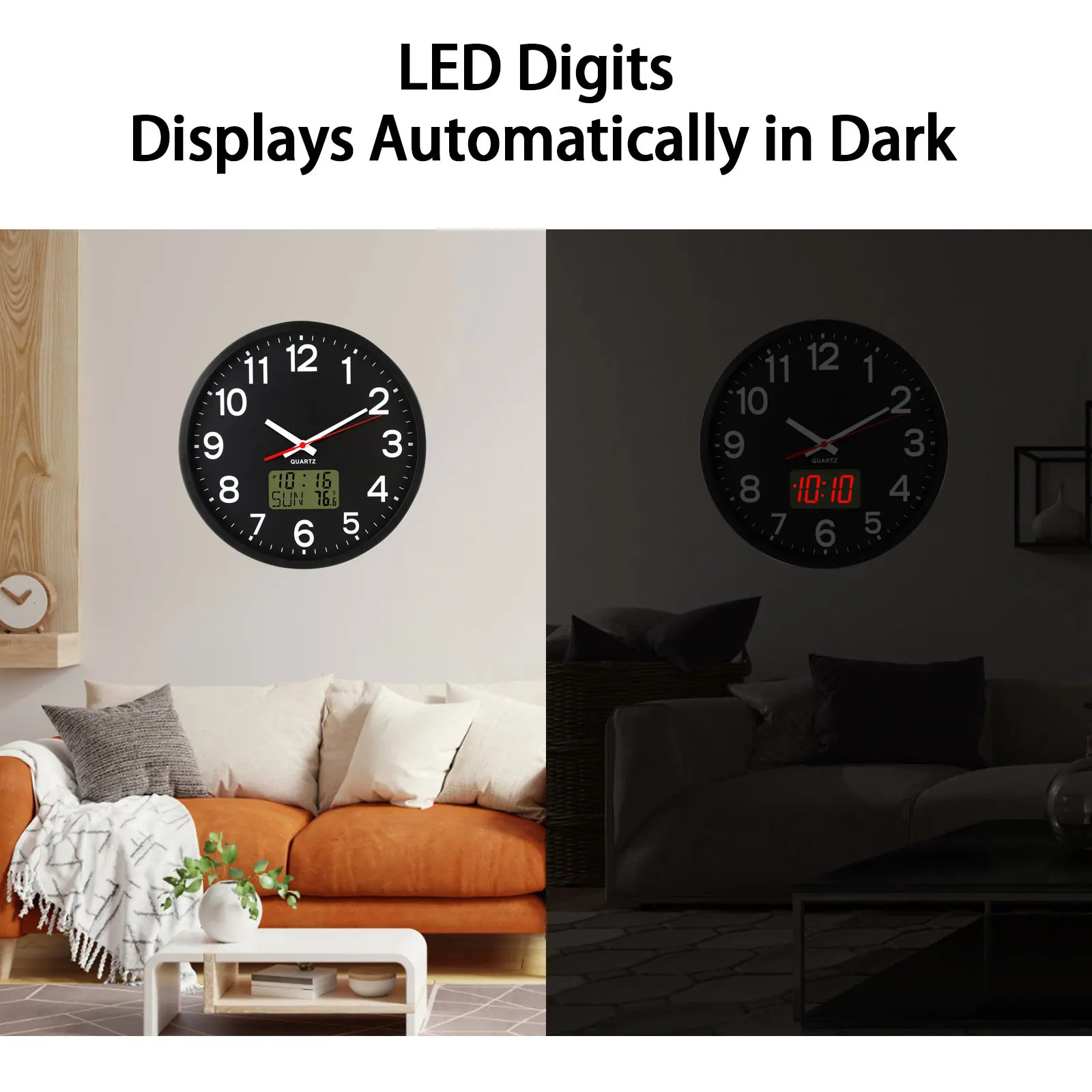 Wall Clock Battery Operated12 Silent Wall ClockAnalog and DigitalLED/LCD Digits Display Time/Date/Temperature Display 250325