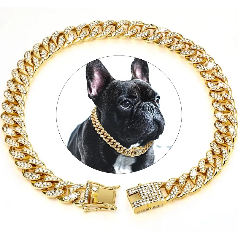 Elegant Dog Diamond-Studded Cuban Link Chain Collar Durable Metal with Secure Buckle for Cats & Dogs