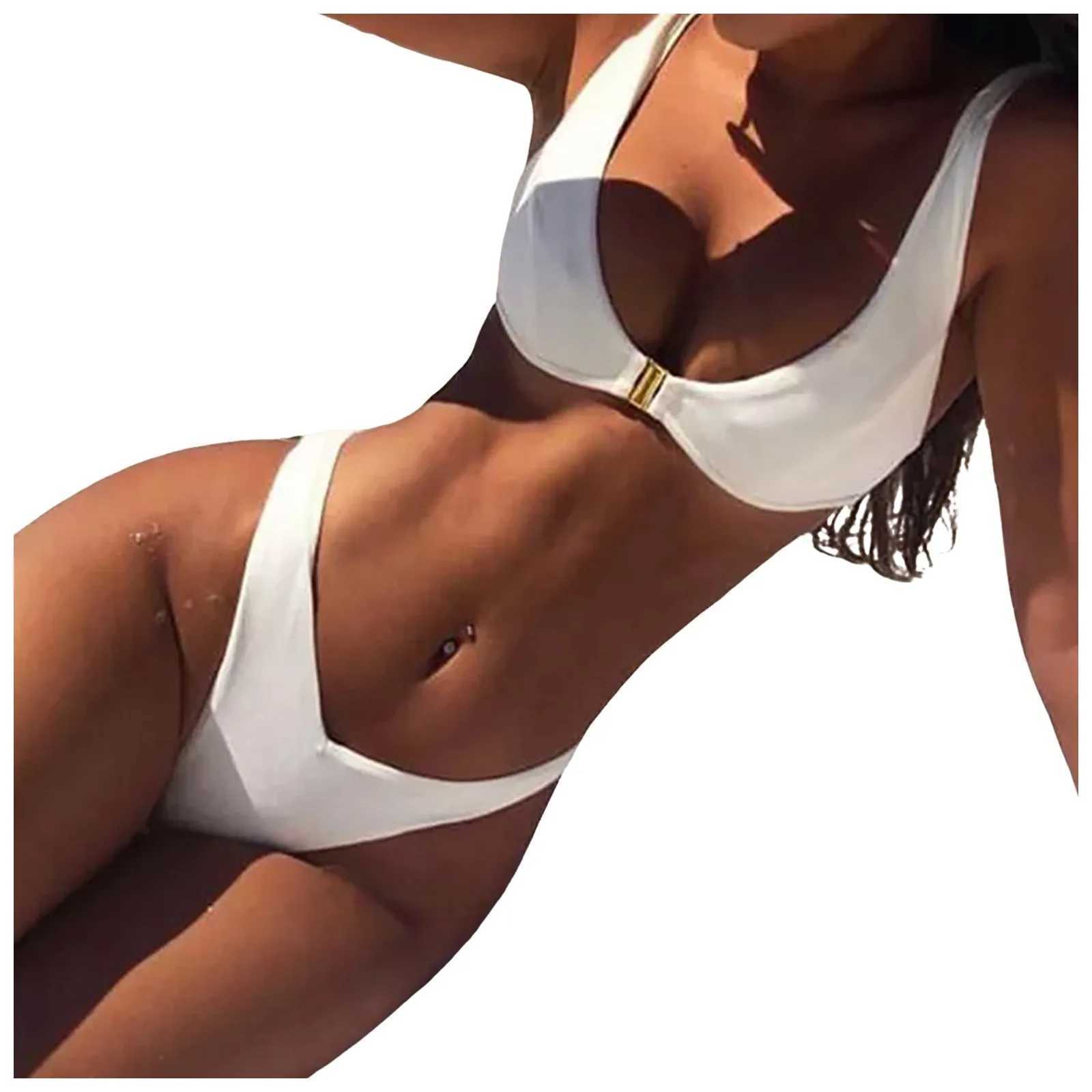 Womens solid color mini bikini set Egant gold lock bikini apron swimsuit womens summer beachwear BiquiniXJ250324