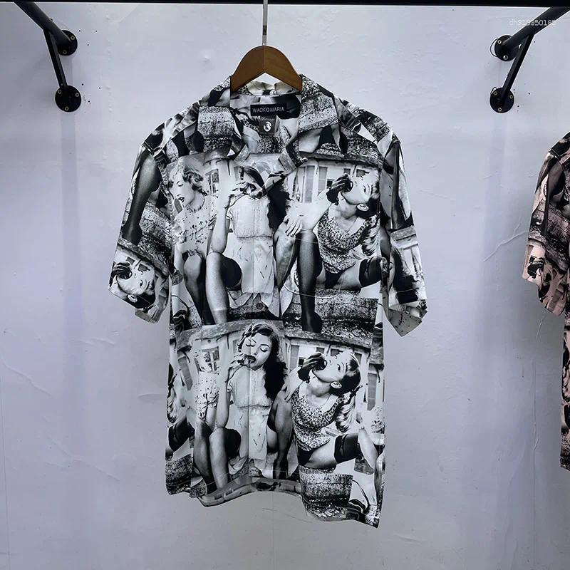 Mens Casual Shirts Pink Grey Blue 2025 Print Lapel Short Sleeve WACKO MARIA Shirt Men Woman Streetwear Fashion Summer Top