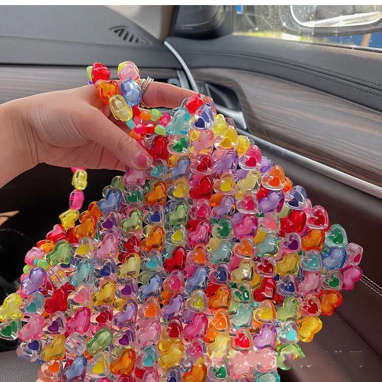 2025 New Handmade Designer Fashion Bead Bag Rainbow Heart Jelly Handbag Beads4