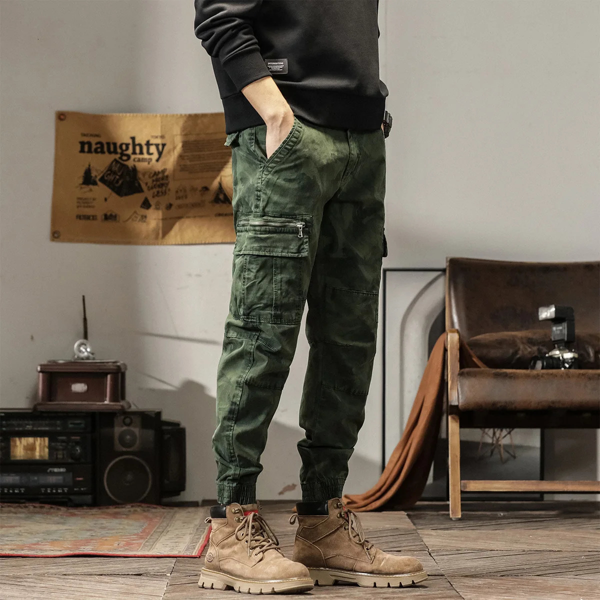 Ankle Length Mens Cargo Pant Cotton Stretch Casual Camouflage Trouser Male Camo Cuff Jogger Multi Zip Pocket Outfit Zipper Tied 250322