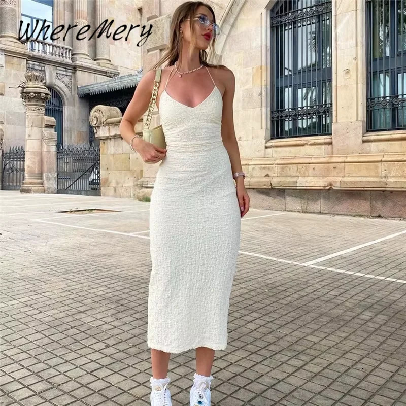 WhereMery Elegant Sleeveless Long Dresses Y2K Summer Backless Slim Low-cut Womens Dress Fashion Solid Knit Streetwear Club Robe 250322