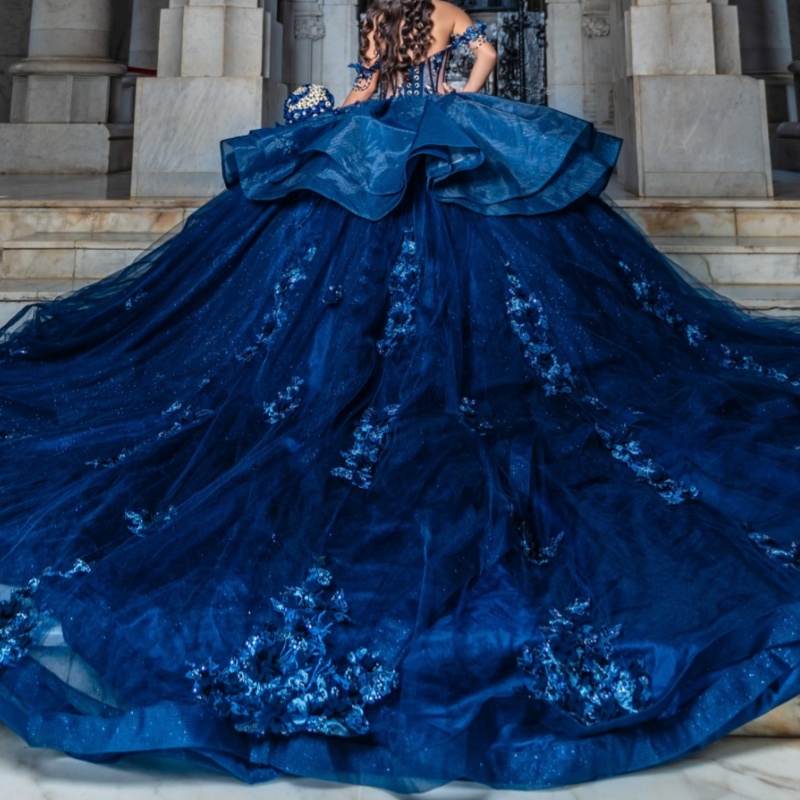 Royal Blue Shiny Princess Quinceanera Dresses Appliqued Lace Beads Tull Bow Sweet 16 Dress Off Shoulder Ball Gown Vestidos 15 De anos
