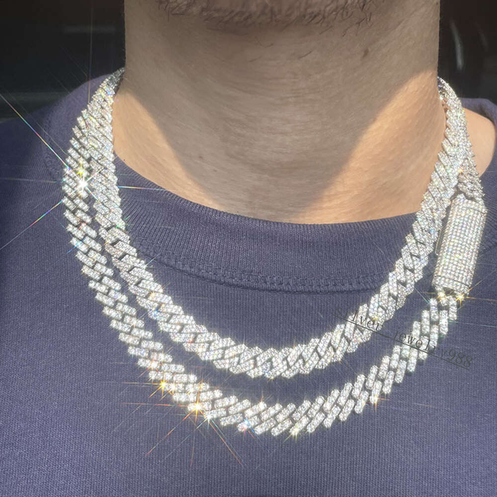 Hip Hop Jewelry 10mm Wide Single Row Vvs Moissanite Diamond Iced Out Silver Cuban Link Chain Necklace