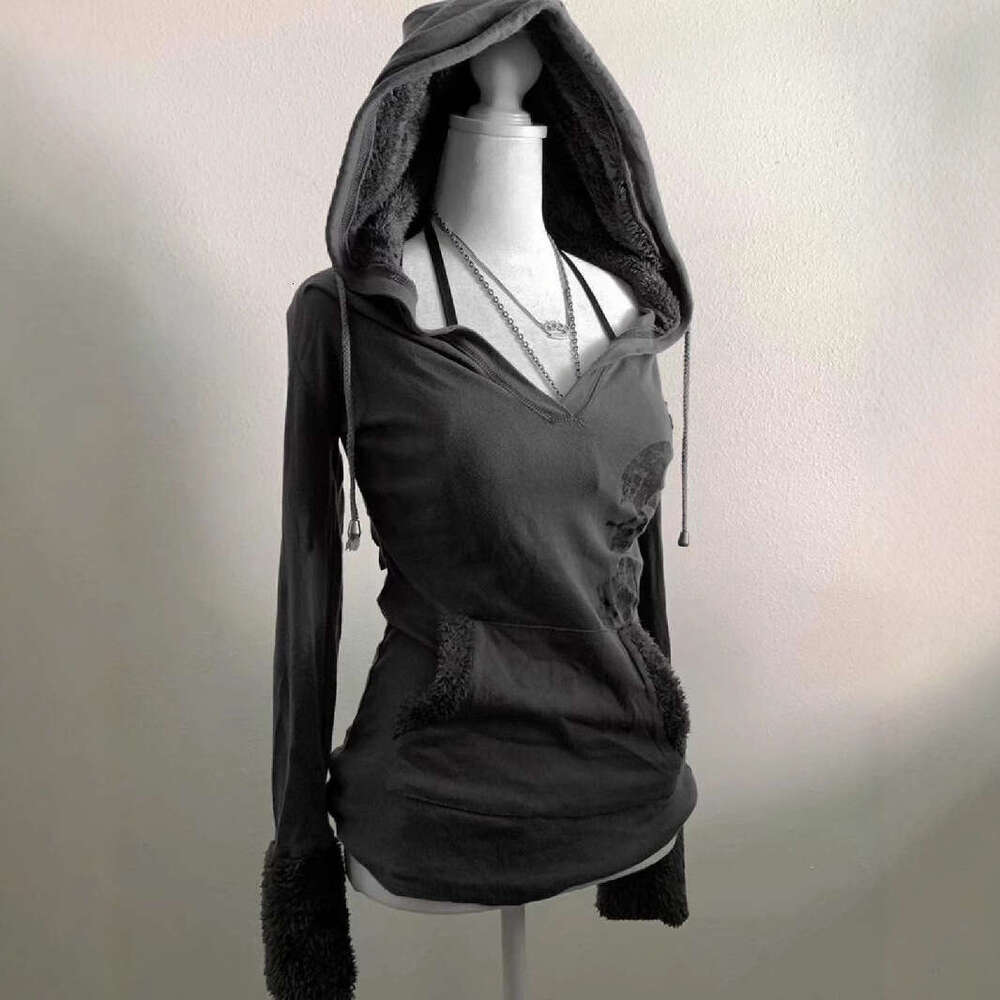 American ruins, antique prints, waist cinching, spring and autumn tops, gray lambhair hooded sweatshirt