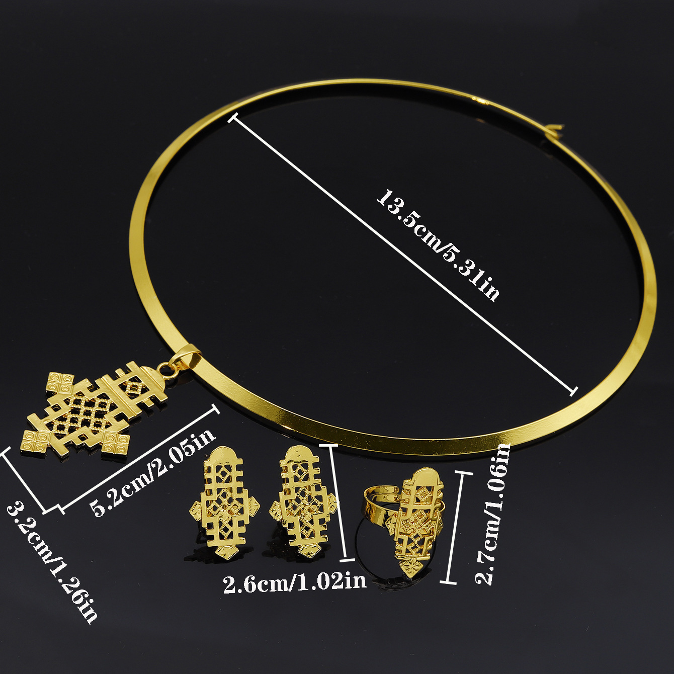 Copper plated 24K gold cross necklace ring pendant earring set Dubai bride wedding jewelry 230313