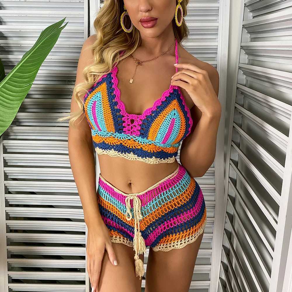 Crochet Bikini Set Multi Color Knitted Rainbow Striped Shoulders Top+Bottom Bikini Beach Wear Swimsuit Womens SwimsuitXJ250324