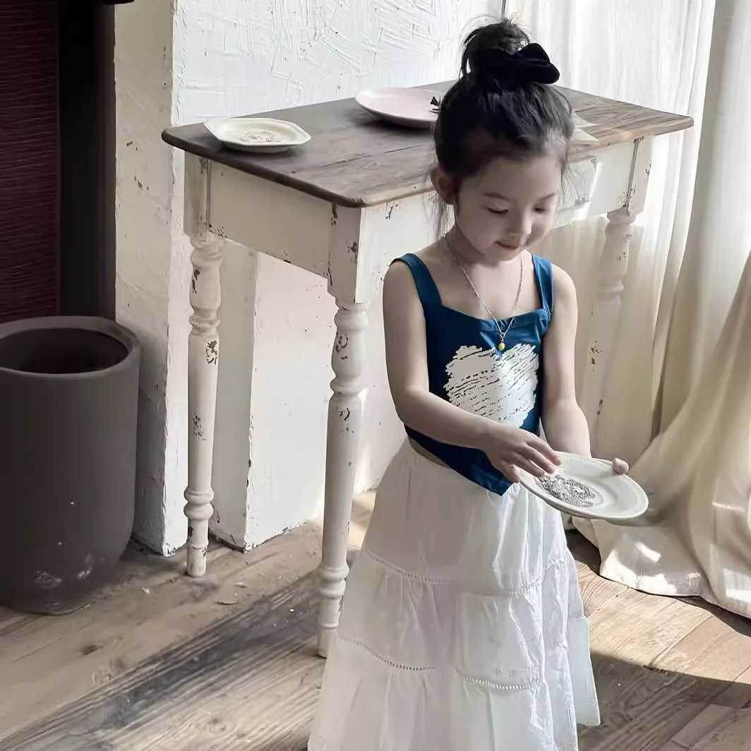 Skirt Princess Girls Lace Embroidered Long French Retro High Waist Childrens Clothing 2024 Fashion Elastic Waist LooseT250325