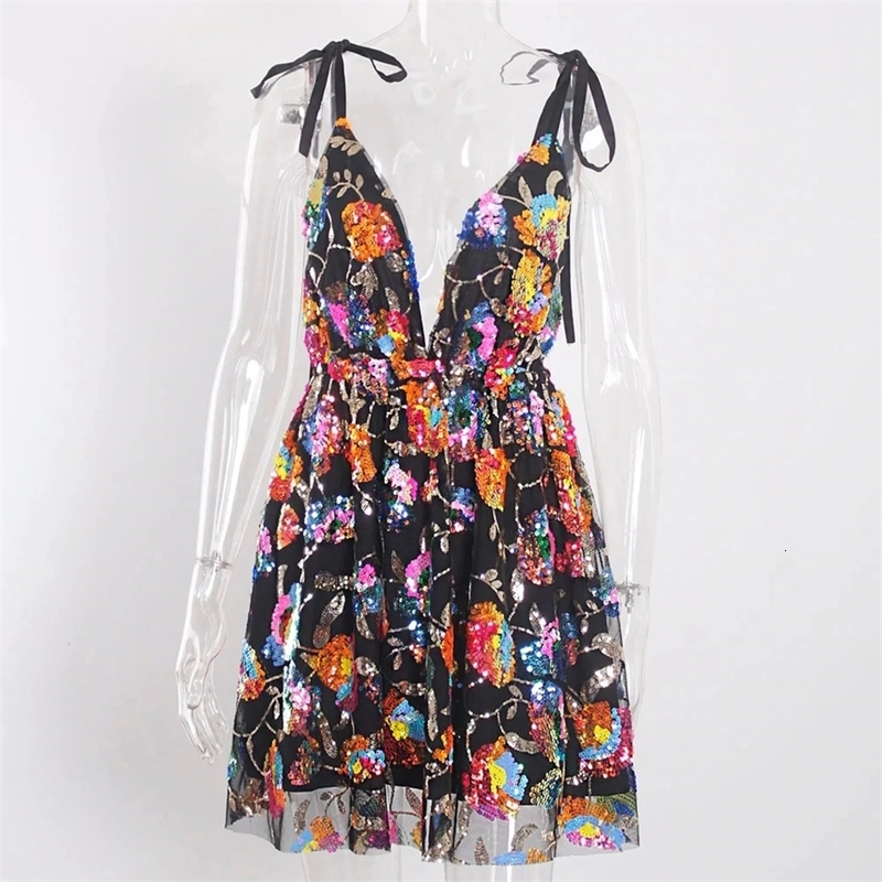 Sexy Deep V Backless Sequin Floral Tie Women Short Dress 250324