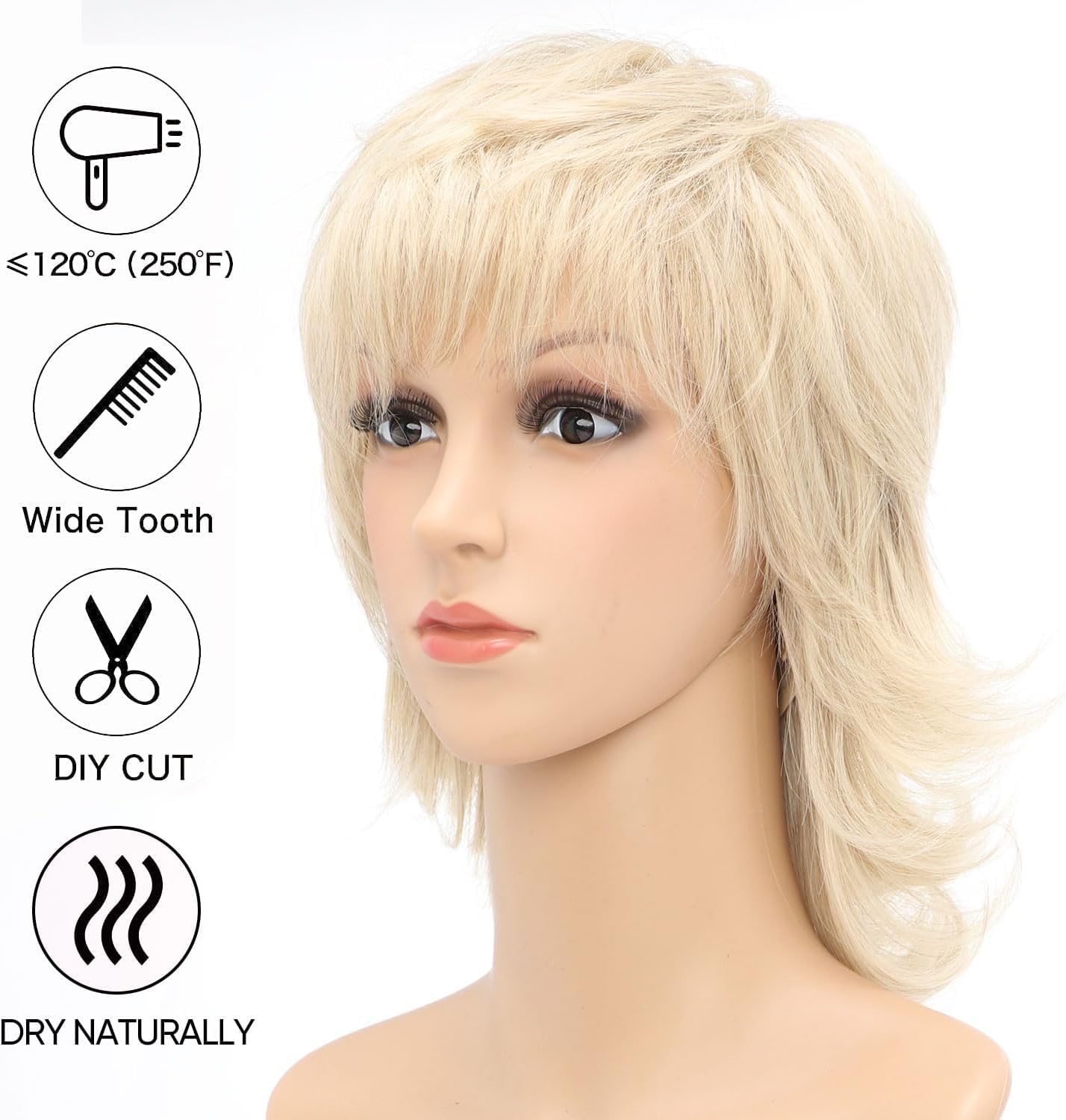 Short Blonde Wig Shaggy Layered 80s Mullet Blond Wig Pixie Cut Wig With Bangs Curly Synthetic Natural Fake Hair Replacement Wigs for White Women Daily