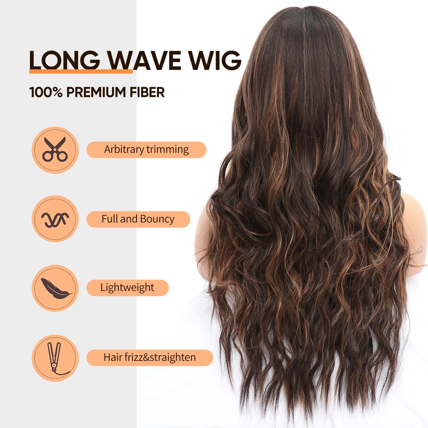 Brown Highlight Wig with Bangs Long Wavy Wig for Women Dark Brown Wigs with Highlights Natural Appearance Heat-Resistant Synthetic Wig Suitable for Fa