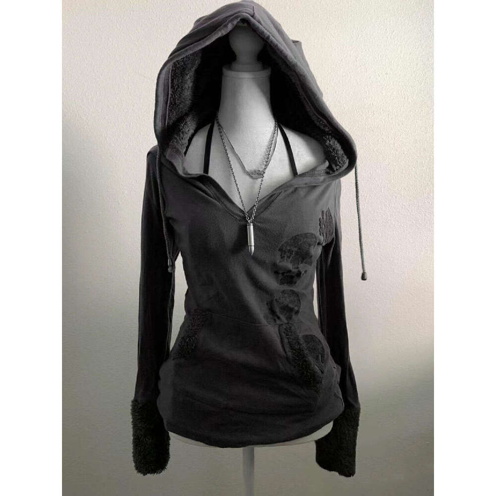 American ruins, antique prints, waist cinching, spring and autumn tops, gray lambhair hooded sweatshirt