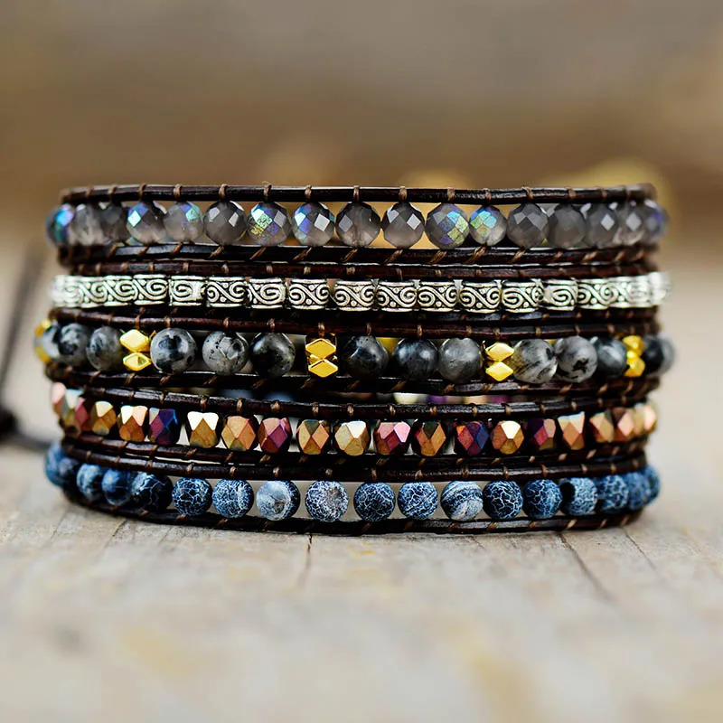 Native Inspired er Leather Bracelet Black Onyx Mix 5 Strands Woven Wrap Bangles Bohemian Jewelry Dropship 250318