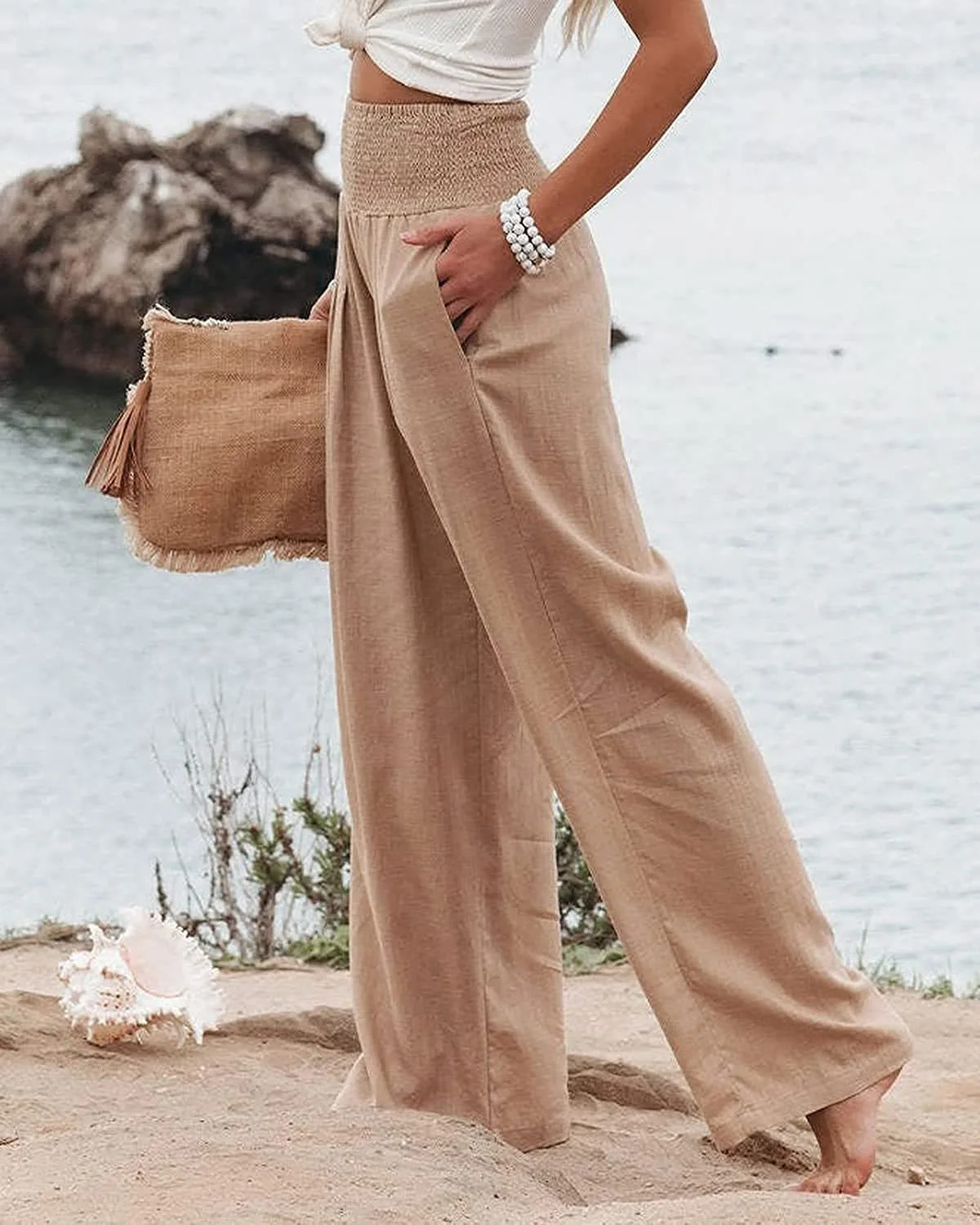 selling womens clothing in spring and summer cotton linen woven wide leg casual pants for beach 250324