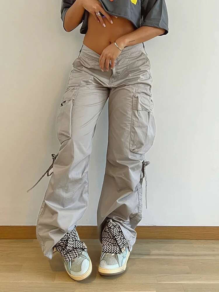 Rockmore Cargos Style Parachute Pants Low Waist Women Joggers Haruku Pockets Baggy Wide Leg Trousers Y2k Streetwear Casual