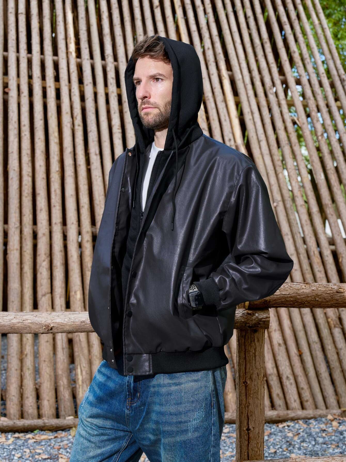 Mens Vintage Jackets Black False Two-Piece Hooded Coats Loose Windbreaker Leather Motorcycle Boomber Jacket Fall&Winter