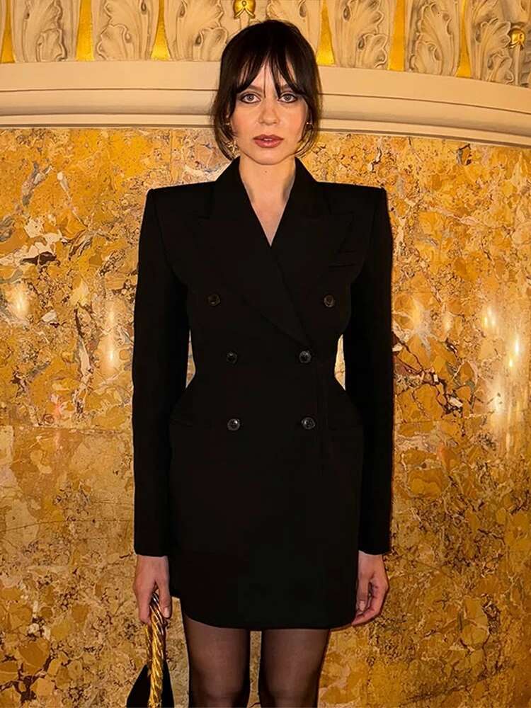 Silhouette Suit Coat Short Dress Waist Cinched V-Neck Shoulder Pads Suits Outwear Double Breasted Slimming Commute Jacket Top