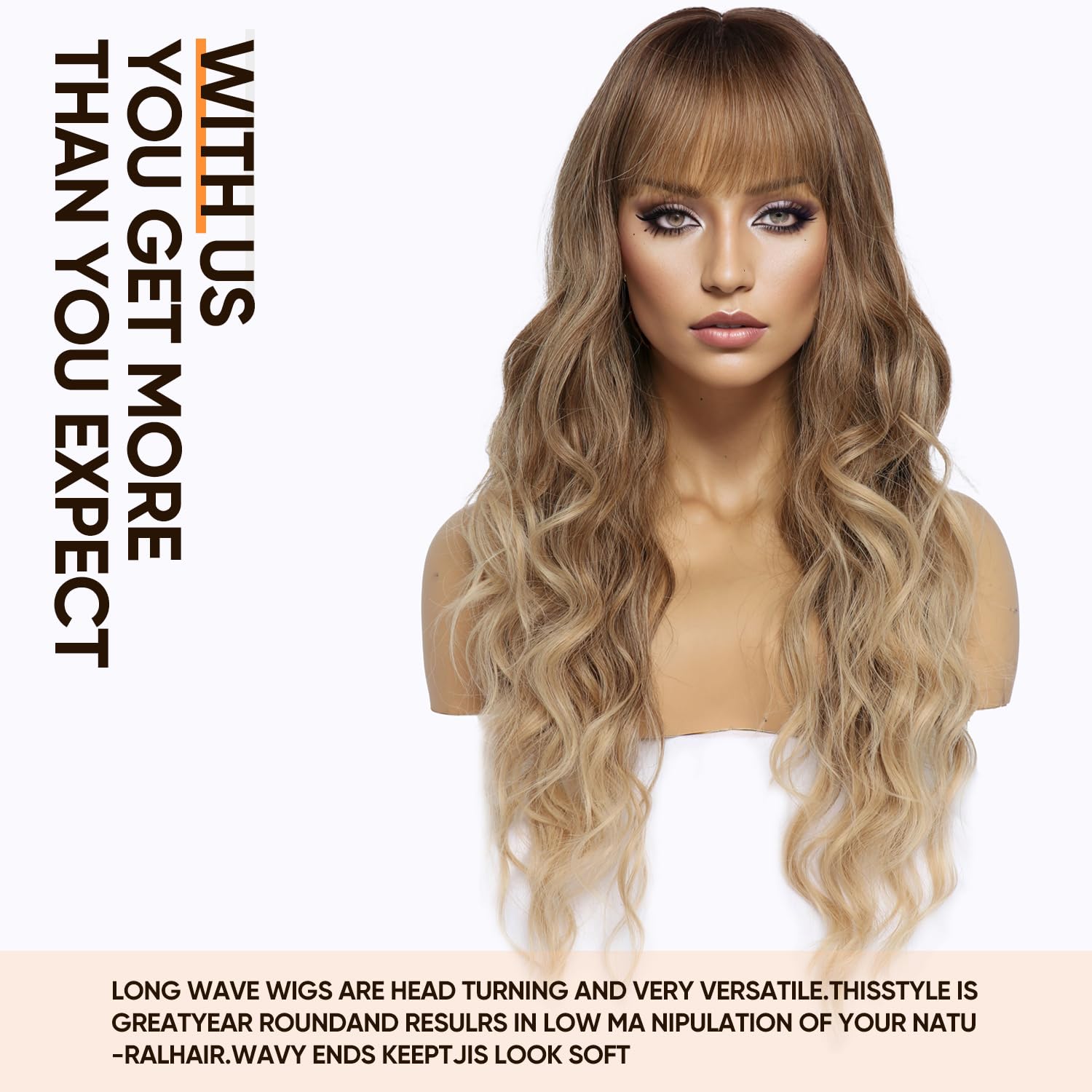 Long Ombre Blonde Wavy Wig with Bangs for White Women Dirty Blonde Natural Looking Female Wigs With Dark Roots Synthetic Fiber Hair Wig for Daily Part
