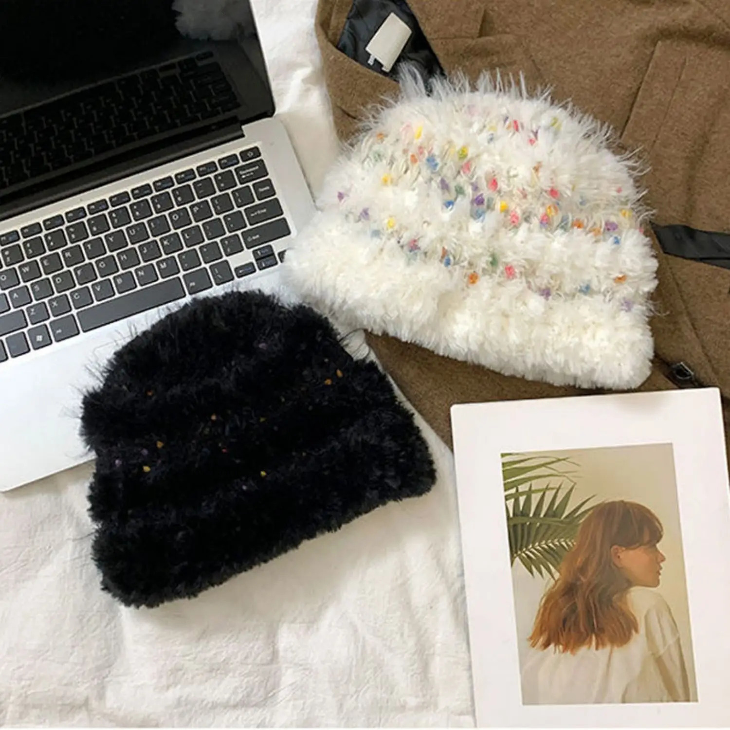 outdoor thickened warm Rainbow Bean Fisherman Hat White Solid Fluffy fishing knit hat for ladies Winter 250320