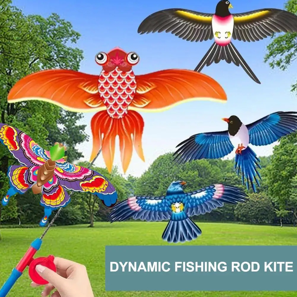 Childrens Kite Toy Cartoon Eagle Folding Mini Plastic Handbrake Fishing Rod Butterfly Outdoor Fun 250321