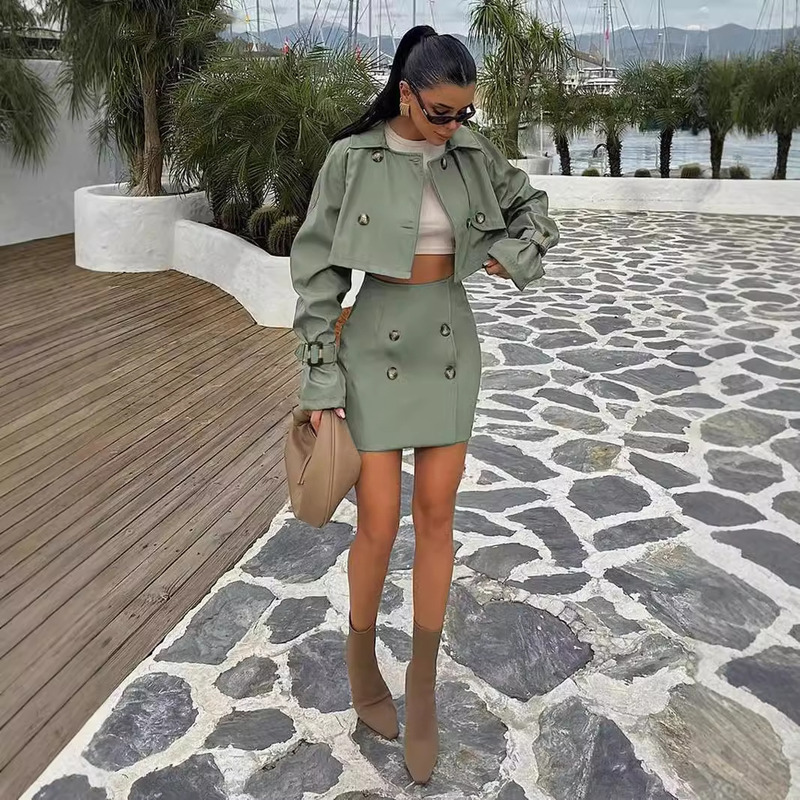 2024 Autumn Elegant Long Sleeve Short Top With High Waist Mini Skirt Set Fashionable