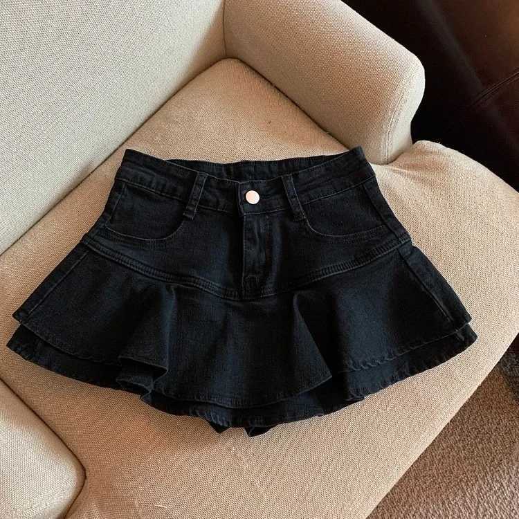 Cake skirt girl denim skirt summer new elastic waist childrens clothing shorts 2024 solid color fashion sweet fur pleatsT250325