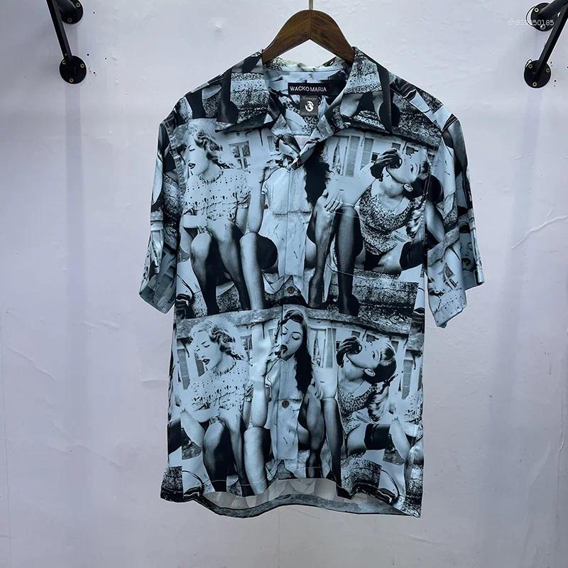 Mens Casual Shirts Pink Grey Blue 2025 Print Lapel Short Sleeve WACKO MARIA Shirt Men Woman Streetwear Fashion Summer Top