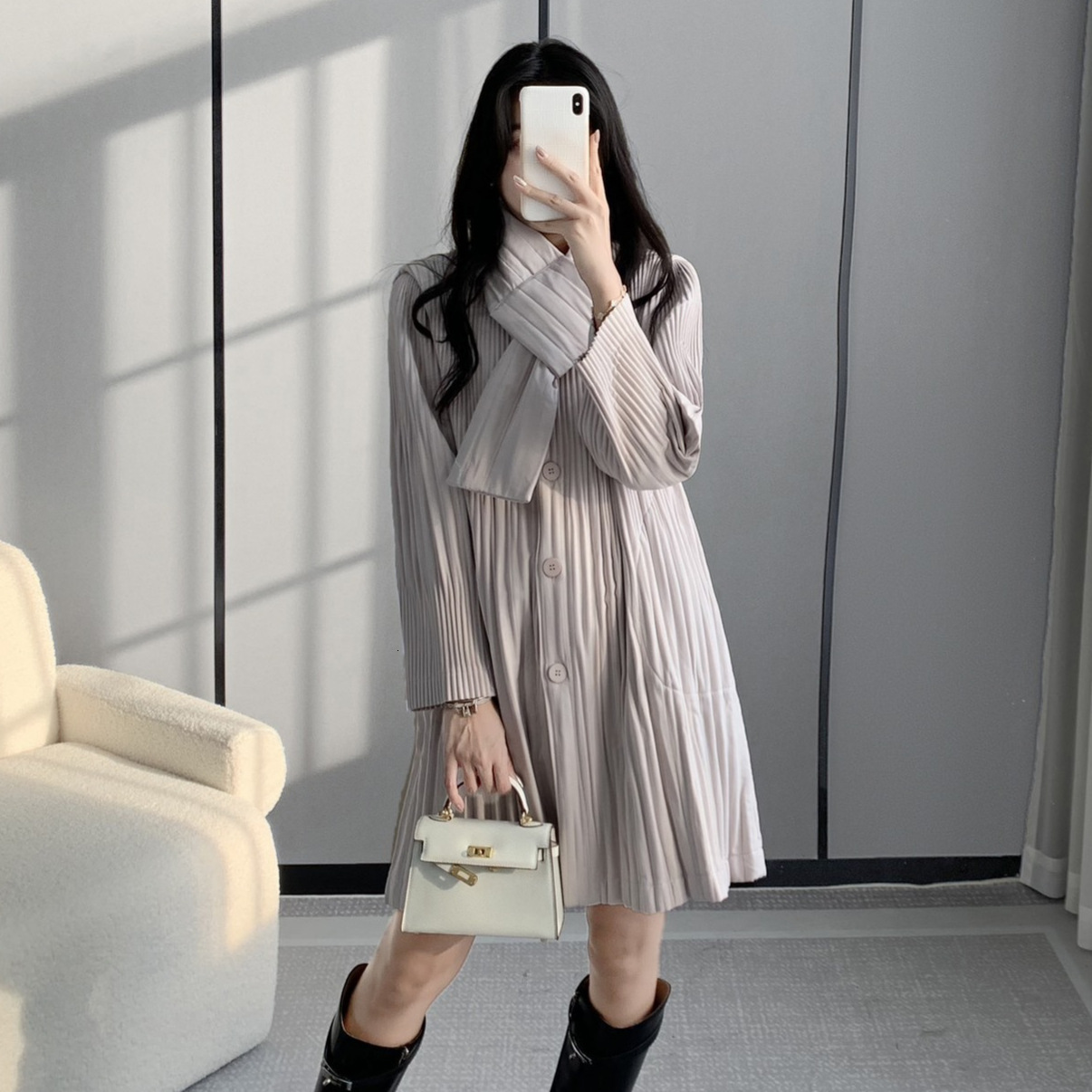 Winter high-end pleated design mid to long cotton women's outerwear warm and fashionable mother's clothing