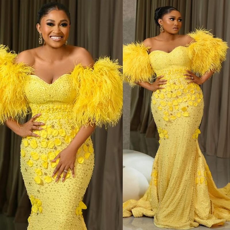2025 Light Yellow Prom Dress Mermaid Prom Dress For Special Occasions Off Shoulder Feathered Beaded Lace Crystals Illusion Birthday Second Reception G