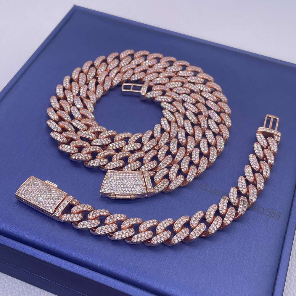 Trendy Jewelry 14mm Hiphop Chain S925 Two Rows Vvs Moissanite Diamond Iced Out Fashion Cuban Link Chain