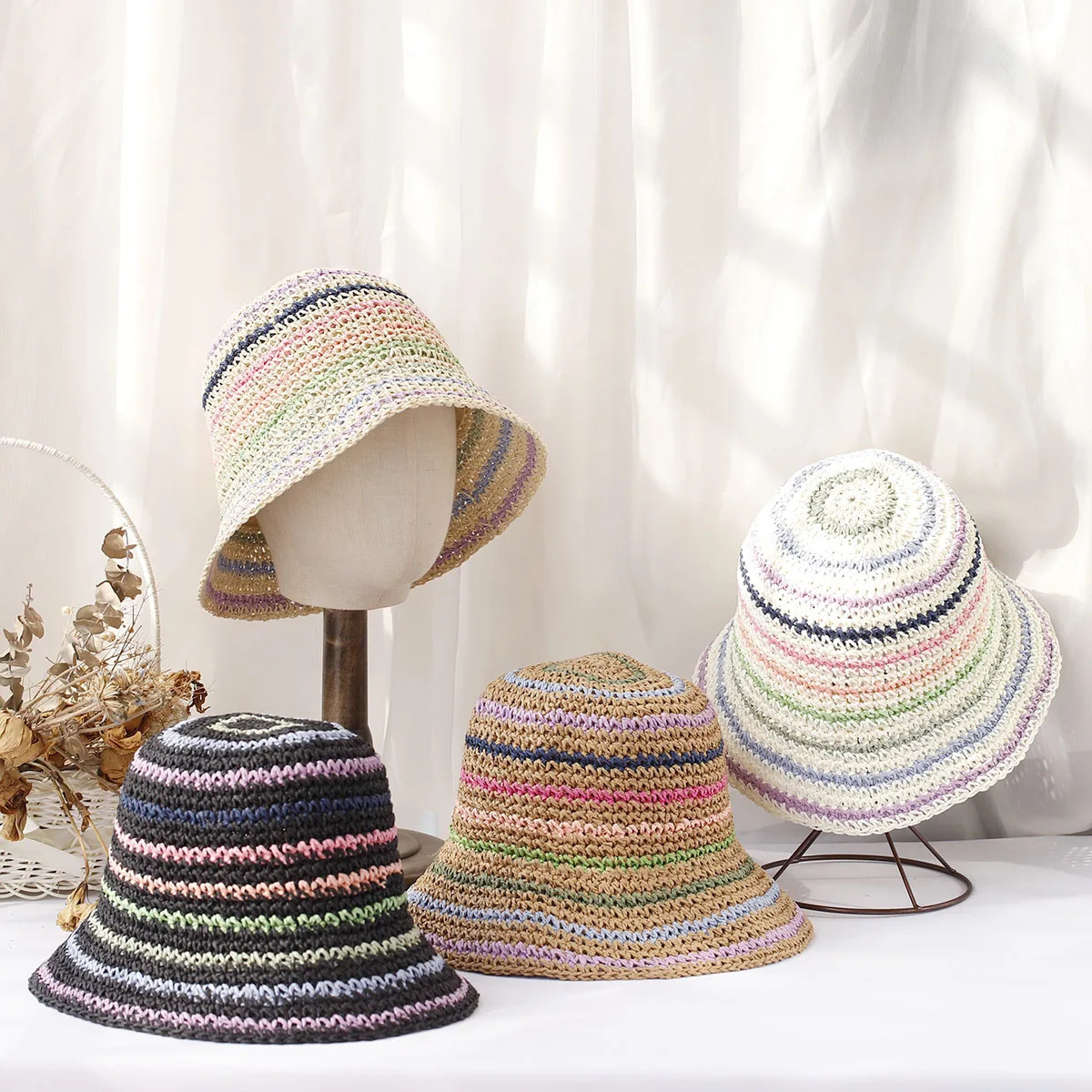 Womens straw hat crochet hat striped rainbow UV protection sunshade beach hat womens sun hat womens sun hat 250320